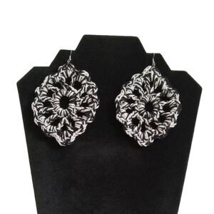 Handmade Black and White Cotton Thread Crochet Oversized Dangle Style Earrings
